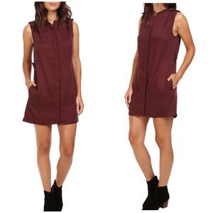 Michael Stars Burgundy Band Collar Sleeveless Pleated Shoulder Shirt Dress Sz L